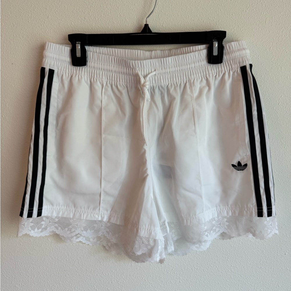 Adidas White and Black Athletic Shorts with lace trim